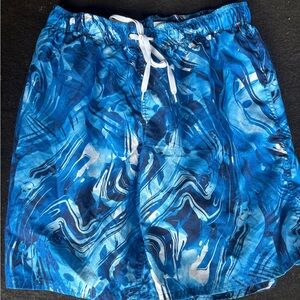 Men's Blue Wave-Print Swim Trunks with Drawstring